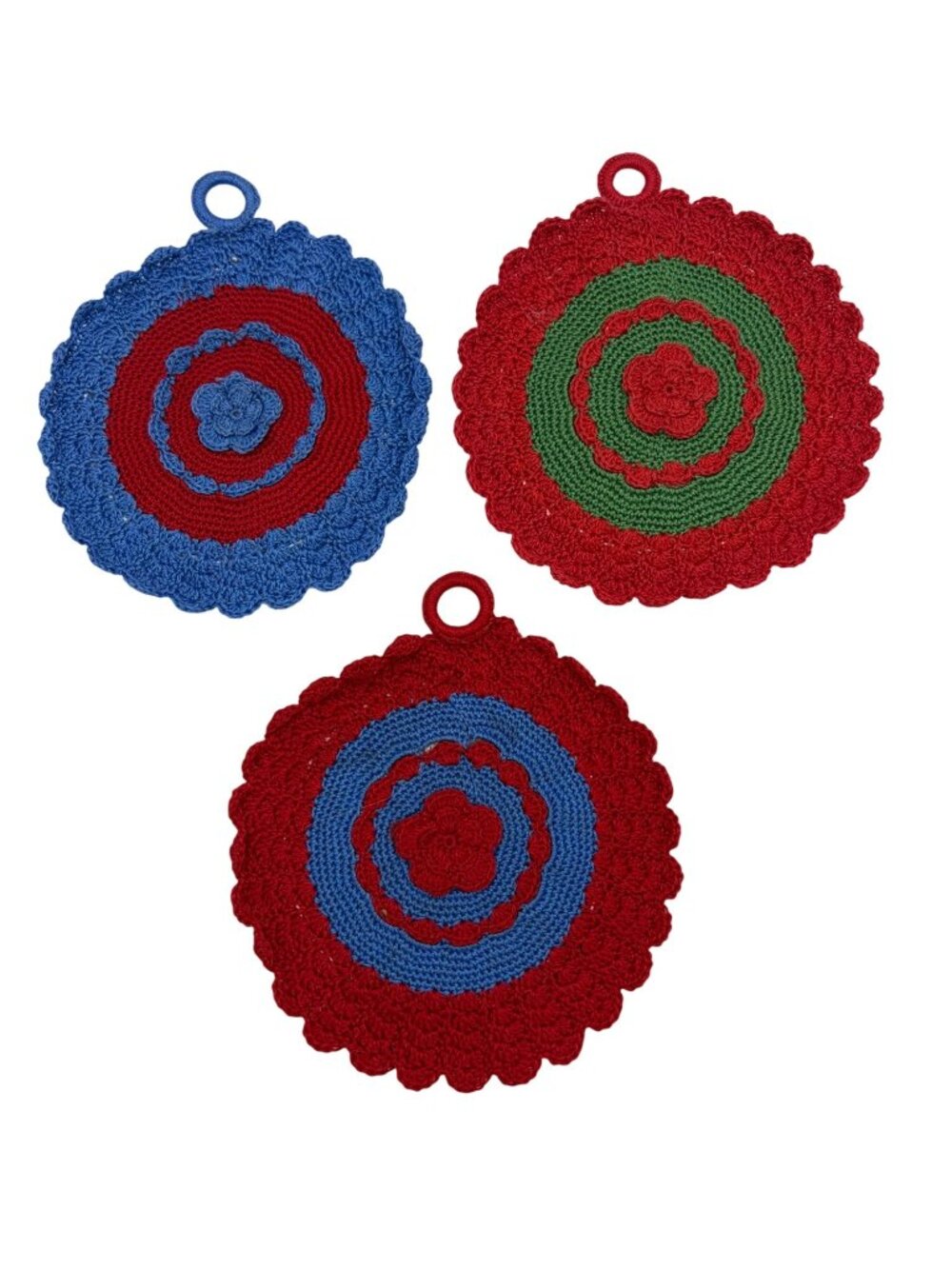 Vintage Crochet Round Pot Holders Set Of 3 Handmade Kitchen Decor USA Yarn